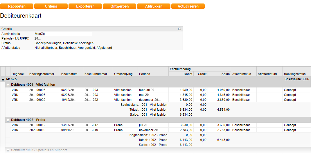 Rapportweergave debiteurenkaart