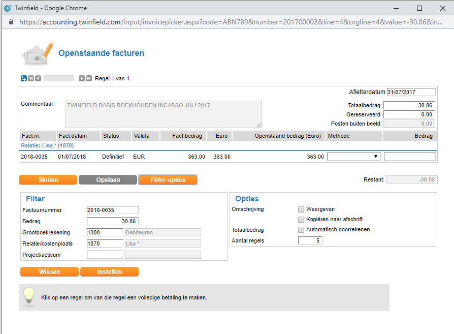 De factuurzoeker wanneer er een factuurnummer is ingevuld met Filteropties getoond.