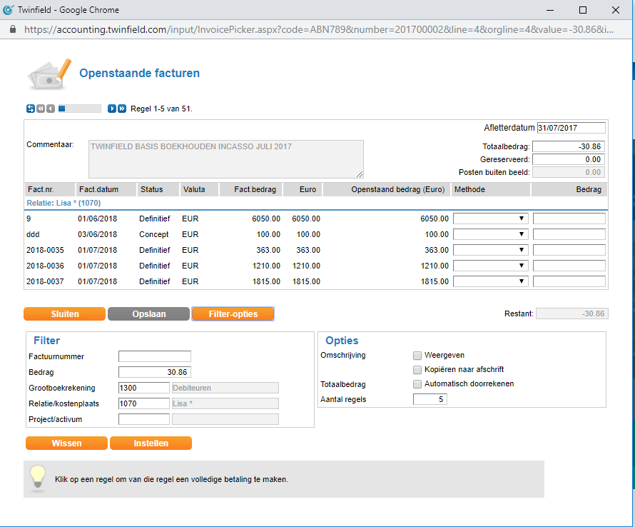 De factuurzoeker wanneer er geen factuurnummer is ingevuld met Filteropties getoond.