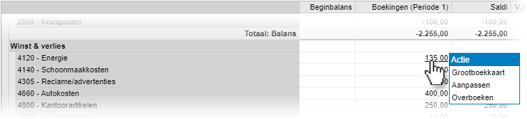 Rapportweergave Acties vanuit rapport