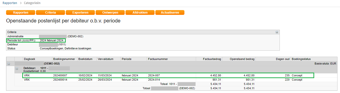 Openstaande posten debiteur periode