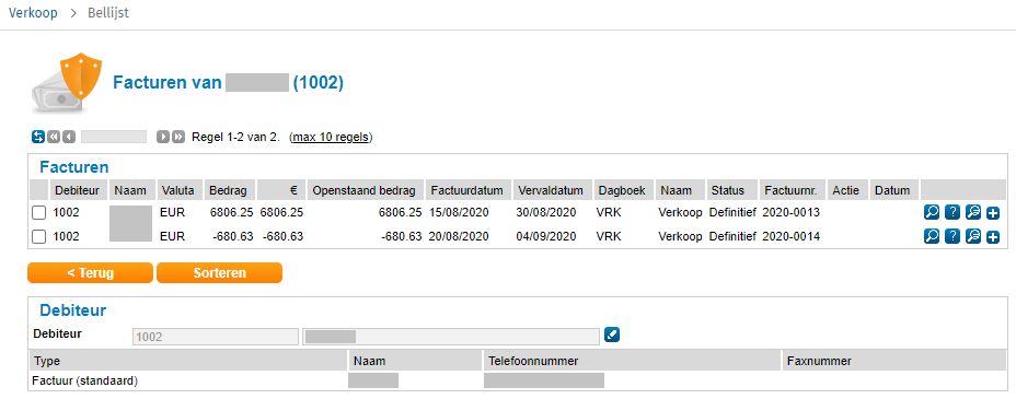 Bellijst debiteur facturenoverzicht