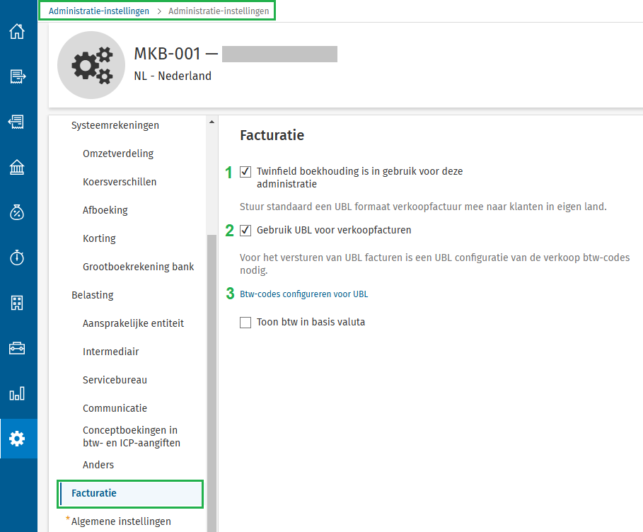 Administratie instellingen UBL