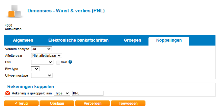 Grootboekrekening tab koppelingen