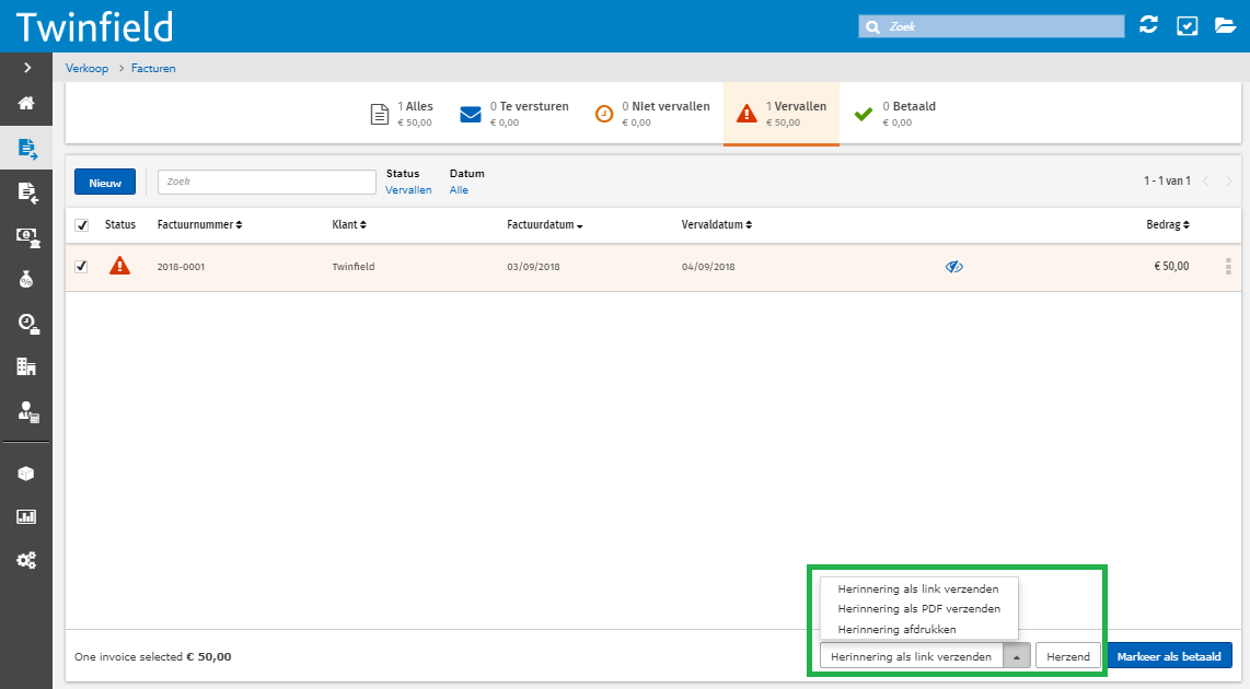 Verkoopmodule herinnering