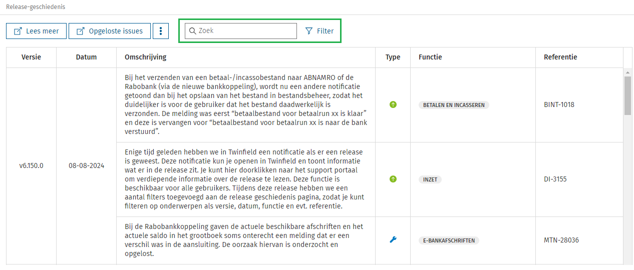 Release-geschiedenis zoek filter