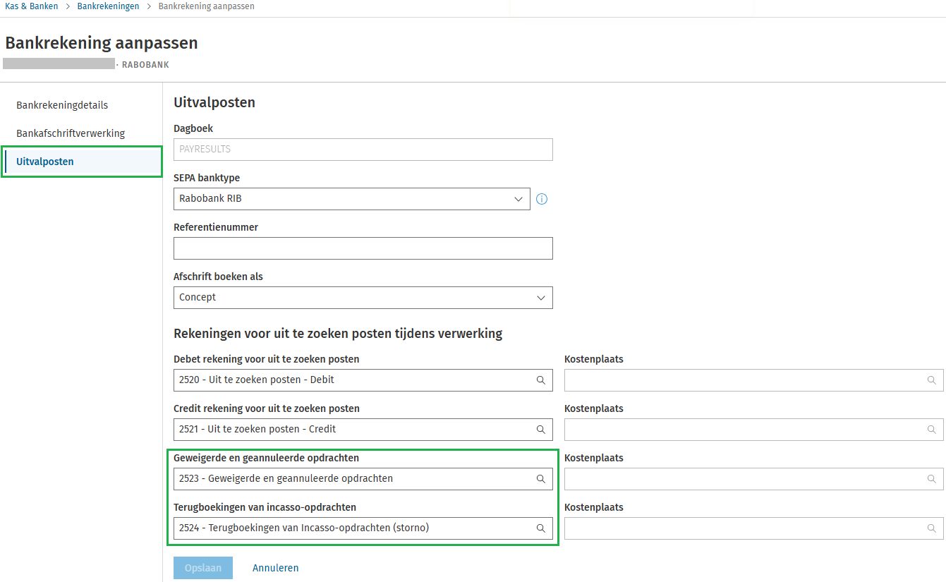 Bankrekening uitvalposten