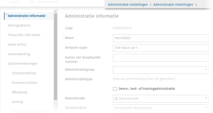 Administratie-instellingen Testadministratie