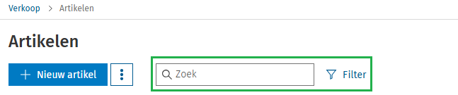 Verkoop artikelen zoekbalk en filter