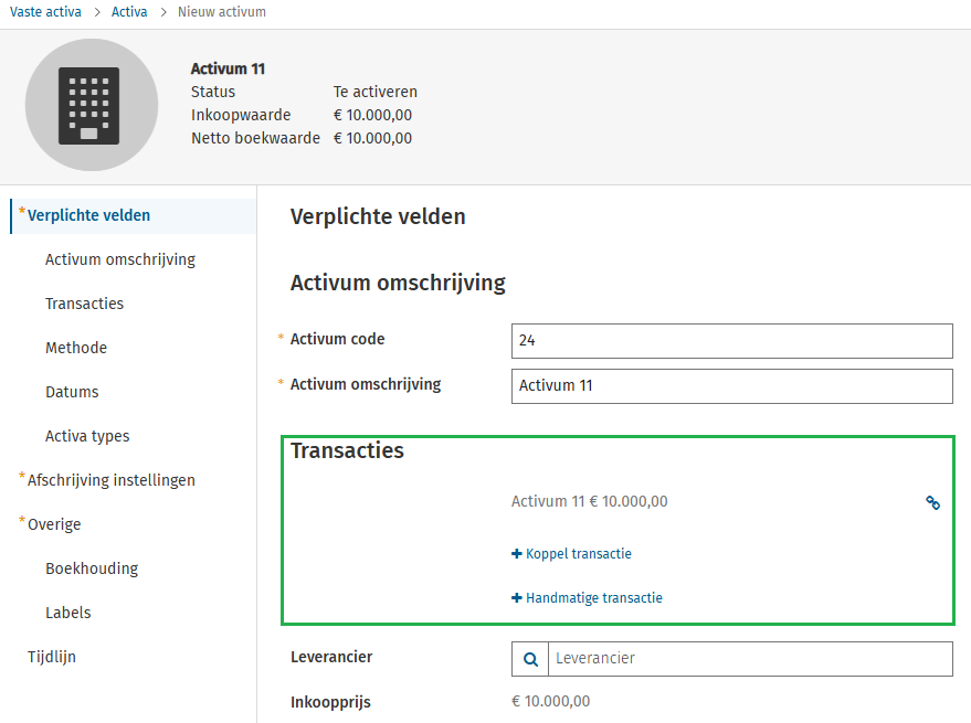 Vaste Activa Transactie koppelen in activum