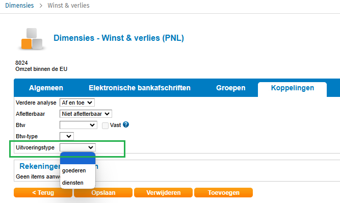 Uitvoeringstype op grootboekrekening