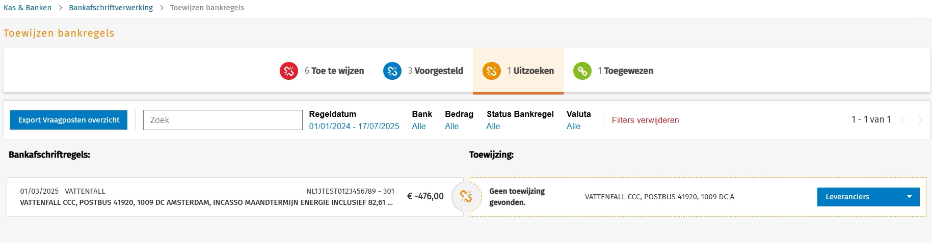 Toewijzen bankregels uitzoeken