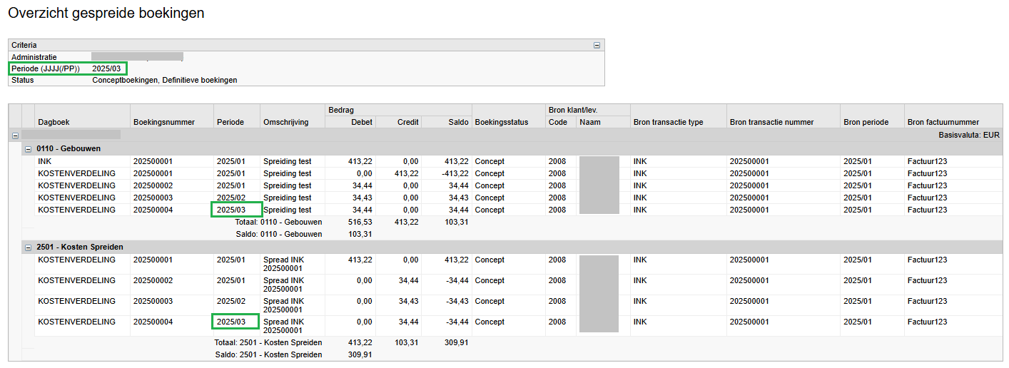 Overzicht gespreide boekingen gedeeltelijk