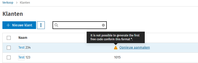 Verkoop klantencode foutmelding