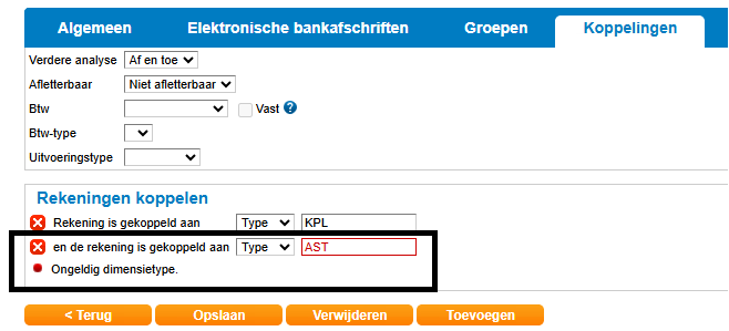 Grootboek Koppelingen dimensietype AST