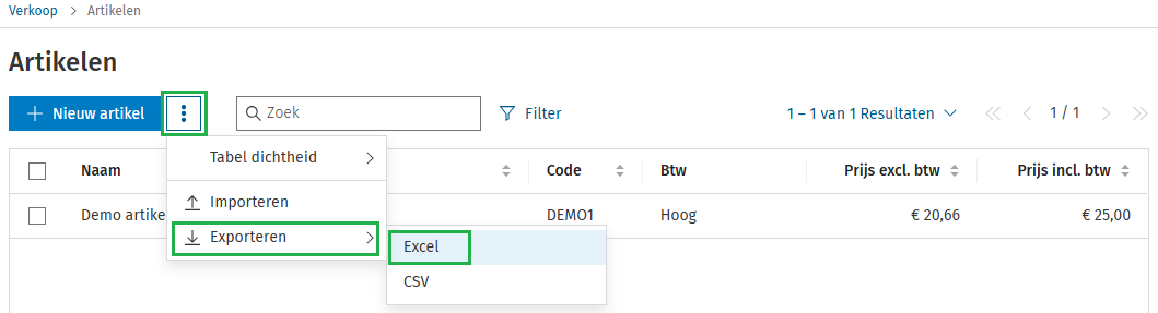 Verkoop artikelen Excel export