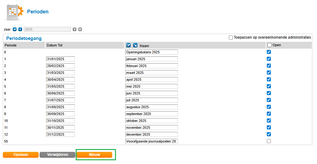 Twinfield Boekhouden administratie instellingen nieuwe periode aanmaken