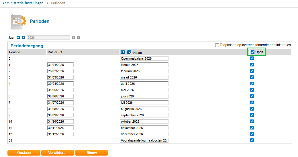 Twinfield Boekhouden Administratie instellingen nieuwe periode stap 2