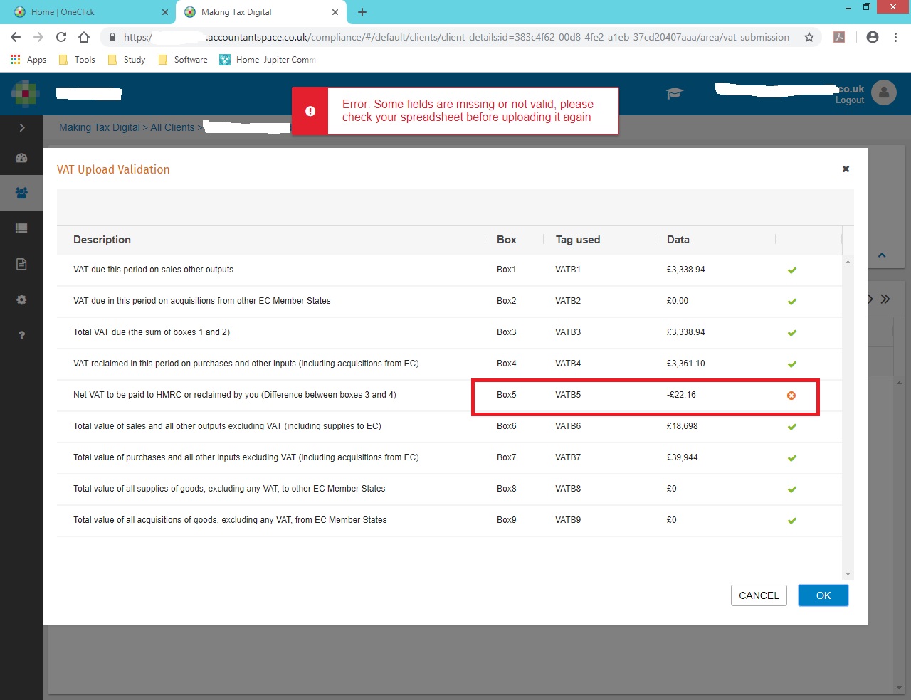 CCH OneClick MTD for VAT Error when uploading a VAT spreadsheet